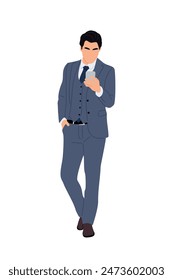 Hombre de negocios usando el teléfono móvil. Hombre guapo en traje formal, corbata sosteniendo el teléfono inteligente, mensajes de texto, hablar, ver las noticias. Ilustración realista del Vector del personaje de la historieta masculina aislada en el fondo blanco