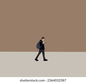 
Business man using phone walking on commute commuting to work with backpack bag on city street.  Modern city life in background.
