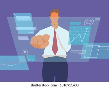 a business man using a lot of screens to control