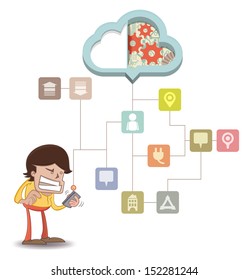 Business man using a smart phone on a cloud with social media, Cloud Service Error, Illustrator Vector