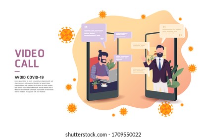 Business man using smart phone video call on phones as to avoid and protect virus. video conference call with character. Creative flat design for web banner.