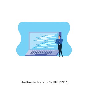 business man using smartphone with laptop computer