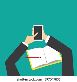 business man using smartphone with pencil and notebook on the table-vector