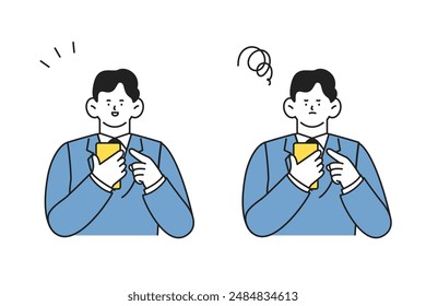 Business man using a smartphone Set of two illustrations of positive and negative facial expressions