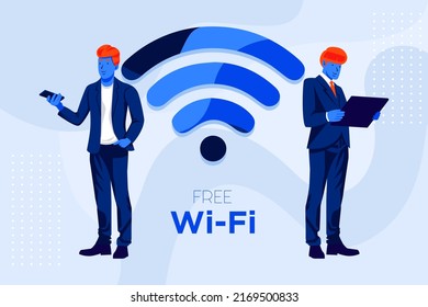 Business man using smartphone and tablet with free Wi-fi symbol blue color.
