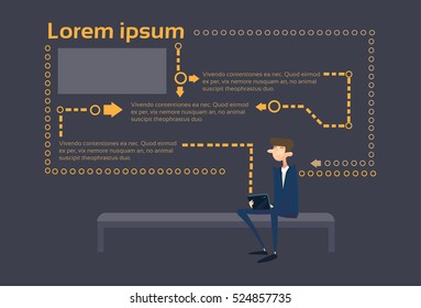 Business Man Using Tablet Computer Sit On Coach Abstract Background Flat Vector Illustration