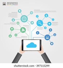 Hombre de negocios con una tableta. Concepto infográfico. Ilustración del vector