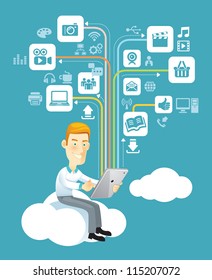 Business man using a tablet sitting on a cloud with social media, communication icons.
Vector illustration