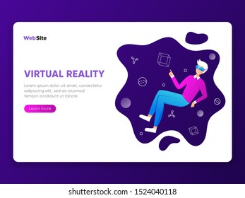 Business man using virtual reality glasses and touching vr interface, data analysis. Into virtual reality world. Future technology. Landing page, banner, infographic template. Guy wearing VR headset 