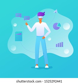 Business man using virtual reality glasses and touching vr interface, data analysis. Into virtual reality world. Future technology. For landing page, banner, infographic. Guy wearing VR headset 