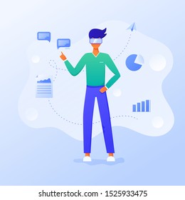 Business man using virtual reality glasses and touching vr interface, data analysis. Into virtual reality world. Future technology. For landing page, banner, infographic. Guy wearing VR headset 