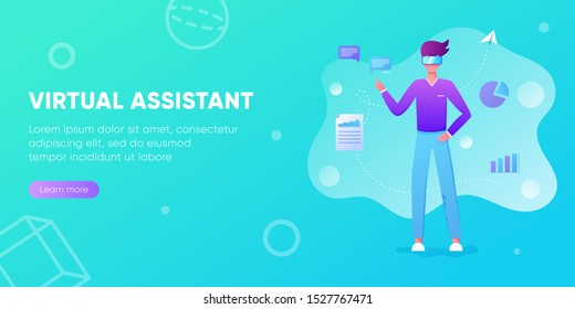 Business man using virtual reality glasses and touching vr interface, data analysis. Into virtual reality world. Future technology. Landing page, banner, infographic template. Guy wearing VR headset 