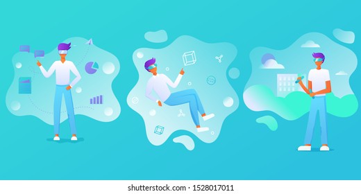 Business man using virtual reality glasses and touching vr interface, data analysis. Into virtual reality world. Future technology. For landing page, banner, infographic. Guy wearing VR headset 
