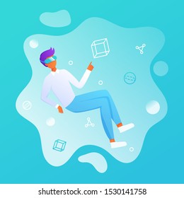 Business man using virtual reality glasses and touching vr interface, data analysis. Into virtual reality world. Future technology. For landing page, banner, infographic. Guy wearing VR headset 