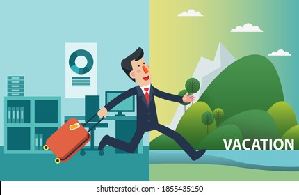 Business man vacation. Holidays time, recreation, travel and relaxation vector design. Mountain landscape background
