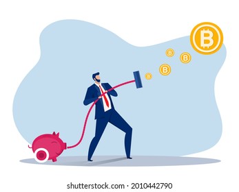 business man vacuuming money catch bitcoin investment concept . Vector
