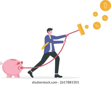 Um homem de negócios aspirando dinheiro pega o conceito de investimento em bitcoin . Vetor

