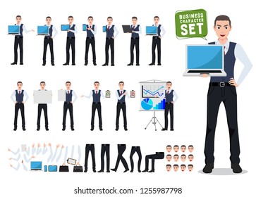 Business man vector character creation set with male office person showing laptop screen in different posture and gesture for business presentation. Vector illustration.
