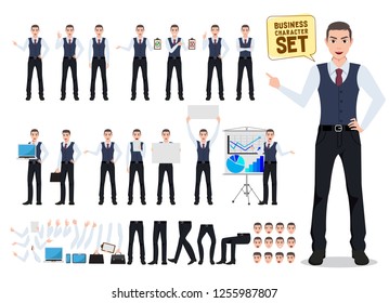 Business man vector character creation set with male office person with pose and hand gestures for business presentation isolated in white. Vector illustration.
