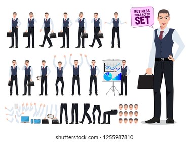 Business man vector character creation set with male office worker holding briefcase with different poses and hand gestures for business presentation isolated in white. Vector illustration.
