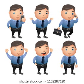 Business man vector character set with gestures and postures doing office work holding mobile phone and bag isolated in white background. Vector illustration.
