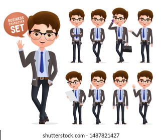 Business man vector character set. Male business characters happy standing, talking and waiving hand and in different pose isolated in white background. Vector illustration.