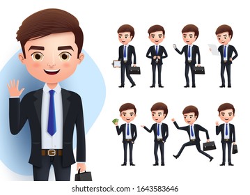 Business man vector character set. Business professional male characters in standing, waving, talking, running, walking, and reading pose isolated  in white background. Vector illustration