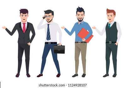 Business man vector characters set with professional male office and sales person wearing business attire in different gestures and postures. Vector illustration.
