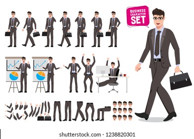 Business Man Vector Characters Set. Cartoon Character Creation Of Male Office Person Holding Briefcase And Talking For Presentation With Different Pose And Gestures. Vector Illustration.
