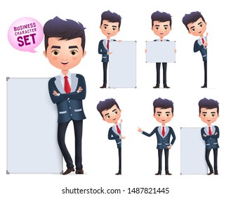 Business man vector characters set. Male business character standing and holding blank whiteboard for presentation isolated in white background. Vector illustration.