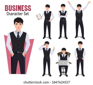 Business man vector characters set. Businessman character in white background with standing, working and celebrating pose and gestures for employee male cartoon design. Vector illustration.