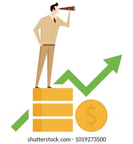 Business man vector. free space for text. wallpaper. background.  binoculars.
Coin up.