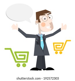 Business Man Vector Illustration With Shopping Carts and Empty Speech Bubble