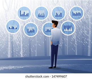 Business man vector stand look infographic graph and chart business on park