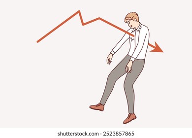 Homem de negócios, vítima de crise e recessão, foi ferido pela queda financeira gráfico simbolizando a inflação. Empresário ou investidor faliu ou perdeu emprego devido à crise no mercado de trabalho