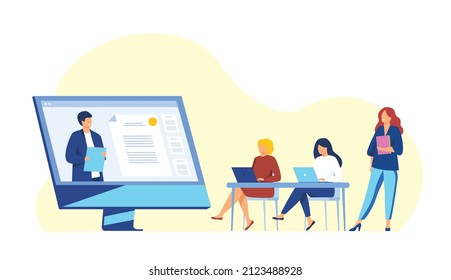 Business man virtual meeting. Business people working together. Modern colourful flat style vector illustration isolated on white background. 