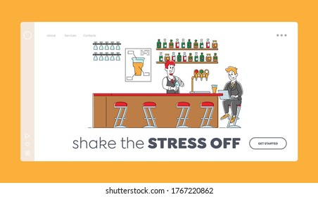 Business Man Visiting Beer Pub or Night Club Landing Page Template. Male Character Drink Alcohol Beverages Work on Laptop on Bar Counter with Barman Shake Cocktail. Linear People Vector Illustration