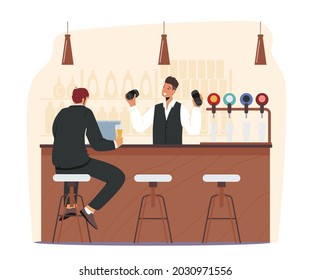 Business Man Visiting Beer Pub or Night Club. Male Character Sit at High Chair Drink Alcohol Beverages and Work on Laptop on Bar Counter with Barman Shake Cocktail. Cartoon People Vector Illustration