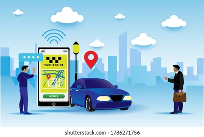 Business man wait for taxi driver vector illustration concept, Online car sharing with cartoon character and smartphone can use for, landing page, template, ui, web, mobile app, poster, banner, flyer