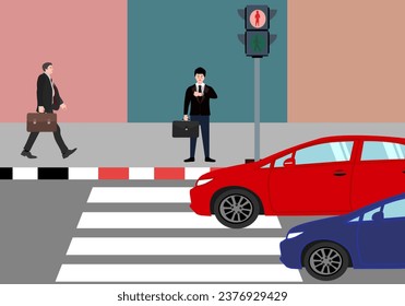 The business man waiting sign traffic walk across the road.