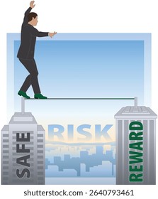 business man walking along tightrope symbolizing the balance of the risk between safety and reward high above the city skyline