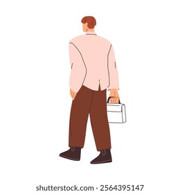 Business man walking away. Male office worker carrying briefcase, back rear view. Employee going to work with case bag in hand, from behind. Flat vector illustration isolated on white background