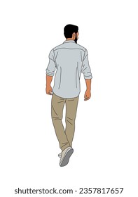 Business man walking Back View. Handsome Male Character Wearing smart casual outfit Rear View. Street fashion men vector realistic illustration Isolated on White Background