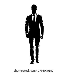 Business man walking forward, abstract vector silhouette, ink drawing. Isolated business people