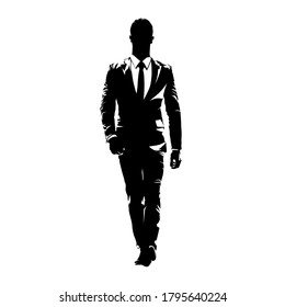 Business man walking forward, abstract vector silhouette, ink drawing. Isolated business people