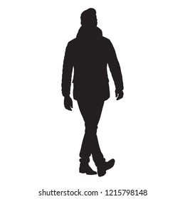 Business man walking forward in winter clothing, isolated vector silhouette
