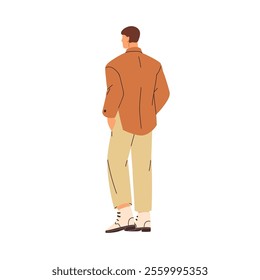 Business man walking, going away, from behind. Back rear view, male employee, hands in pockets, leaving. Manager in modern stylish outfit. Flat vector illustration isolated on white background