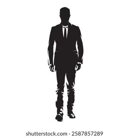 Business man walking, high contrast drawing, isolated vector silhouette, businessman in suit, front view