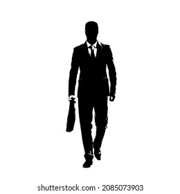 Business man walking and holding  briefcase bag in his hand, isolated vector silhouette, ink drawing, front view