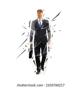 Business man walking and holding  briefcase bag in his hand, isolated vector silhouette, ink drawing, front view